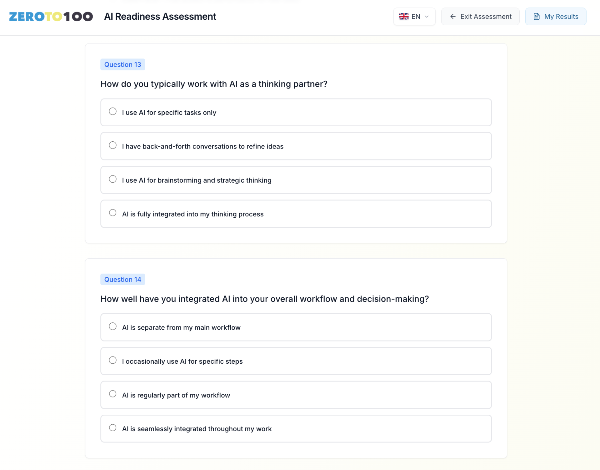 AI Readiness Assessment question screen