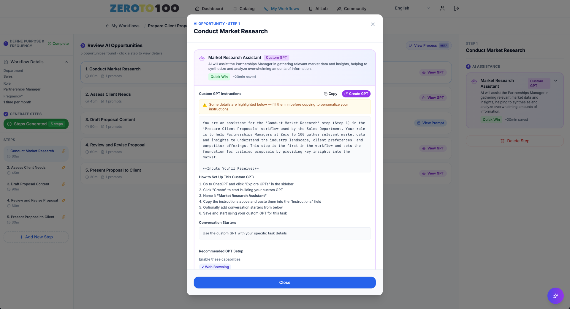 Zero to 100 Learning platform — Workflow Intelligence with AI opportunities per step